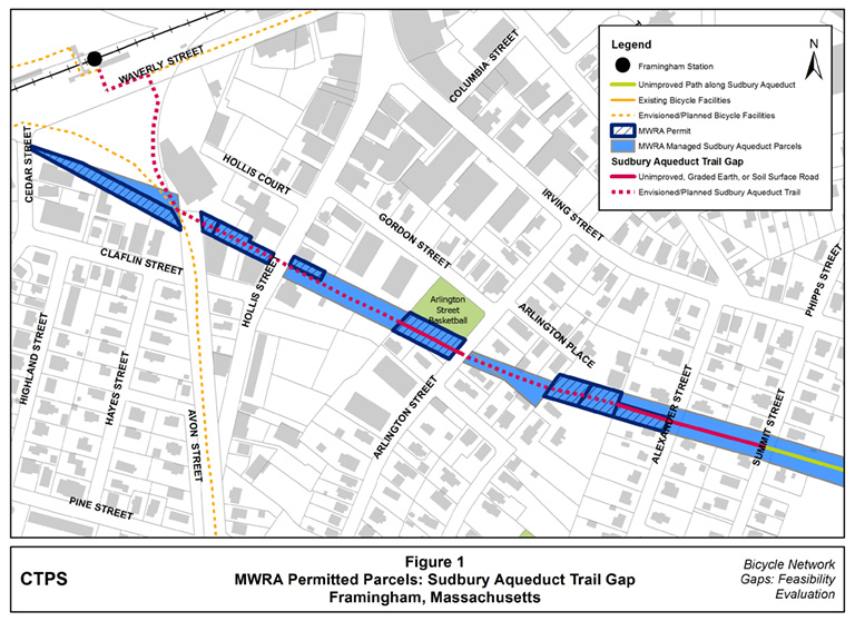 Figure 1 – Map illustrating the locations along the Sudbury Aqueduct Trail gap where the MWRA has issued parcel permits.